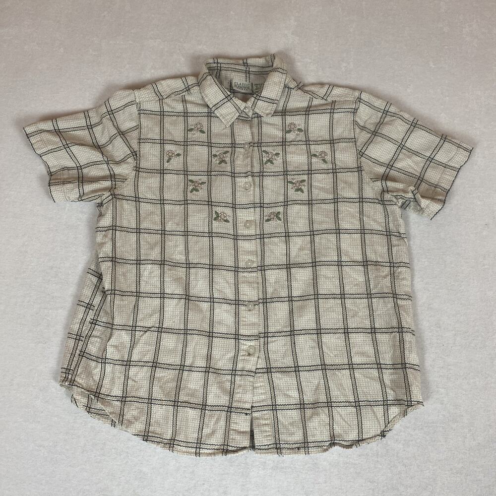 Plus Size 20W Cotton Textured Plaid Shirt Embroidered Floral Cottagecore Button